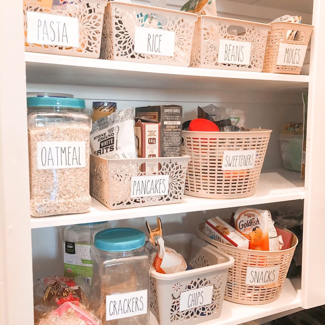 Labeled Pantry Storage with Baskets