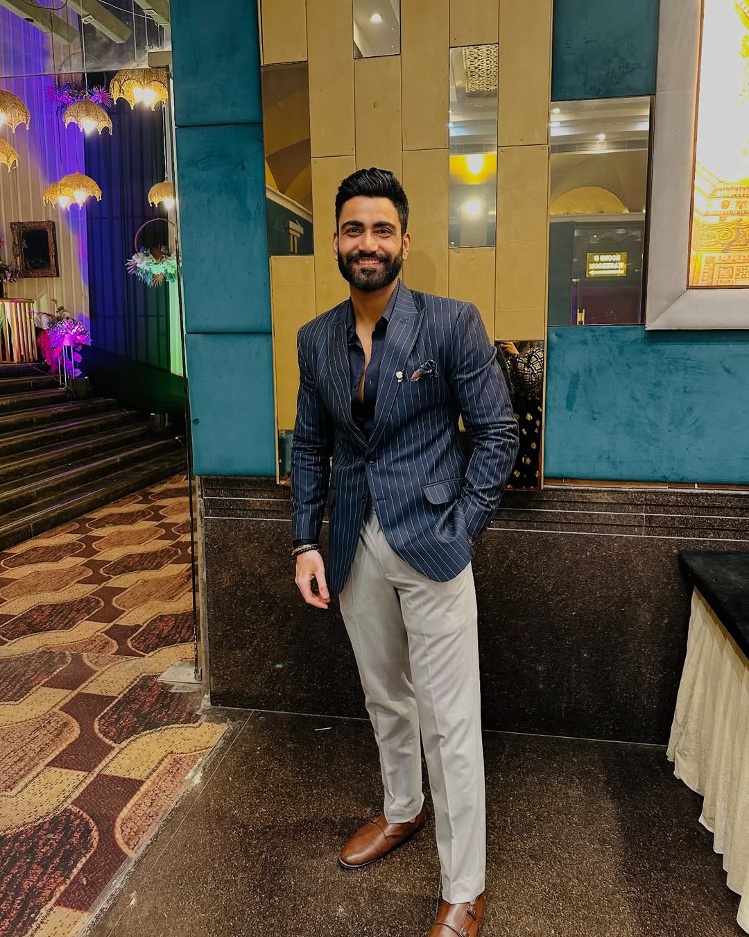 Navy Pinstripe Blazer & Light Trousers