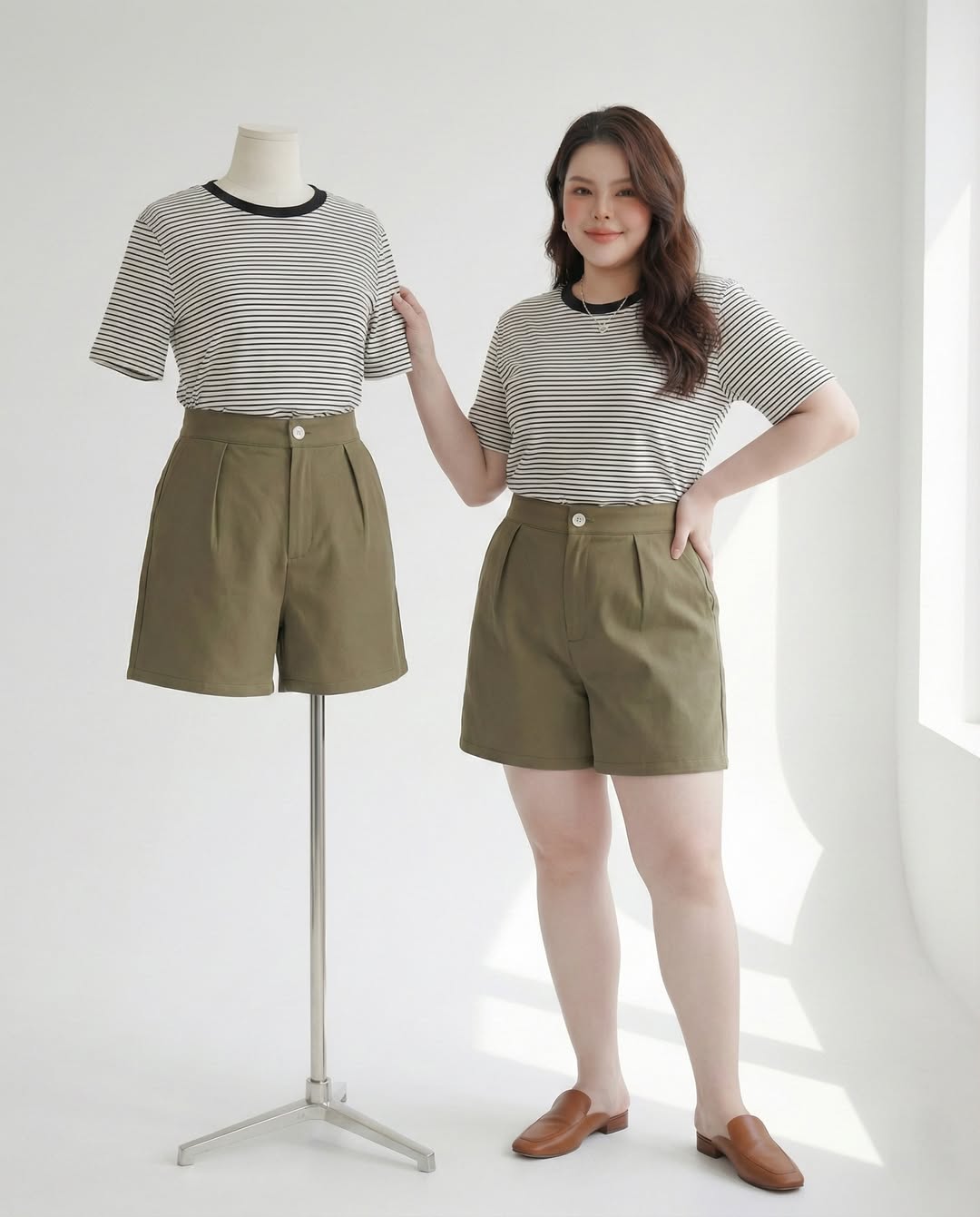 Black & White Striped Crop Top & Olive Shorts