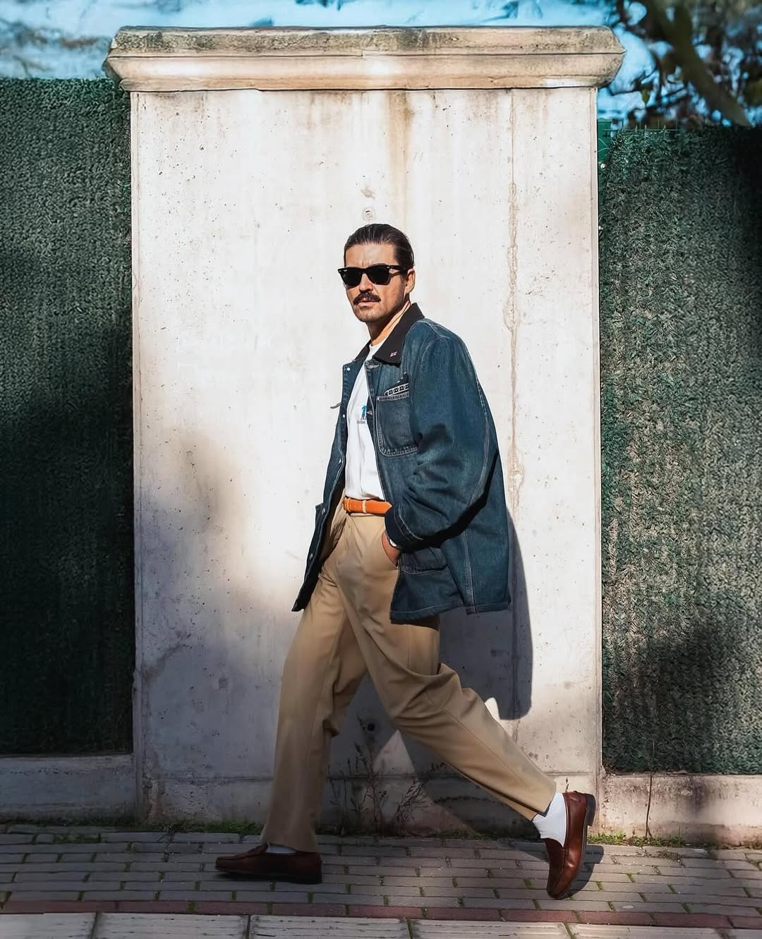 Denim Jacket & Beige Wide-Leg Pants