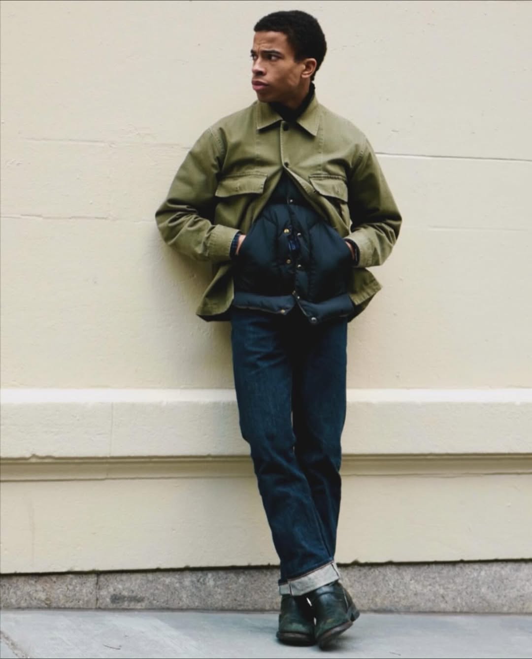 Olive Shirt Jacket & Dark Denim