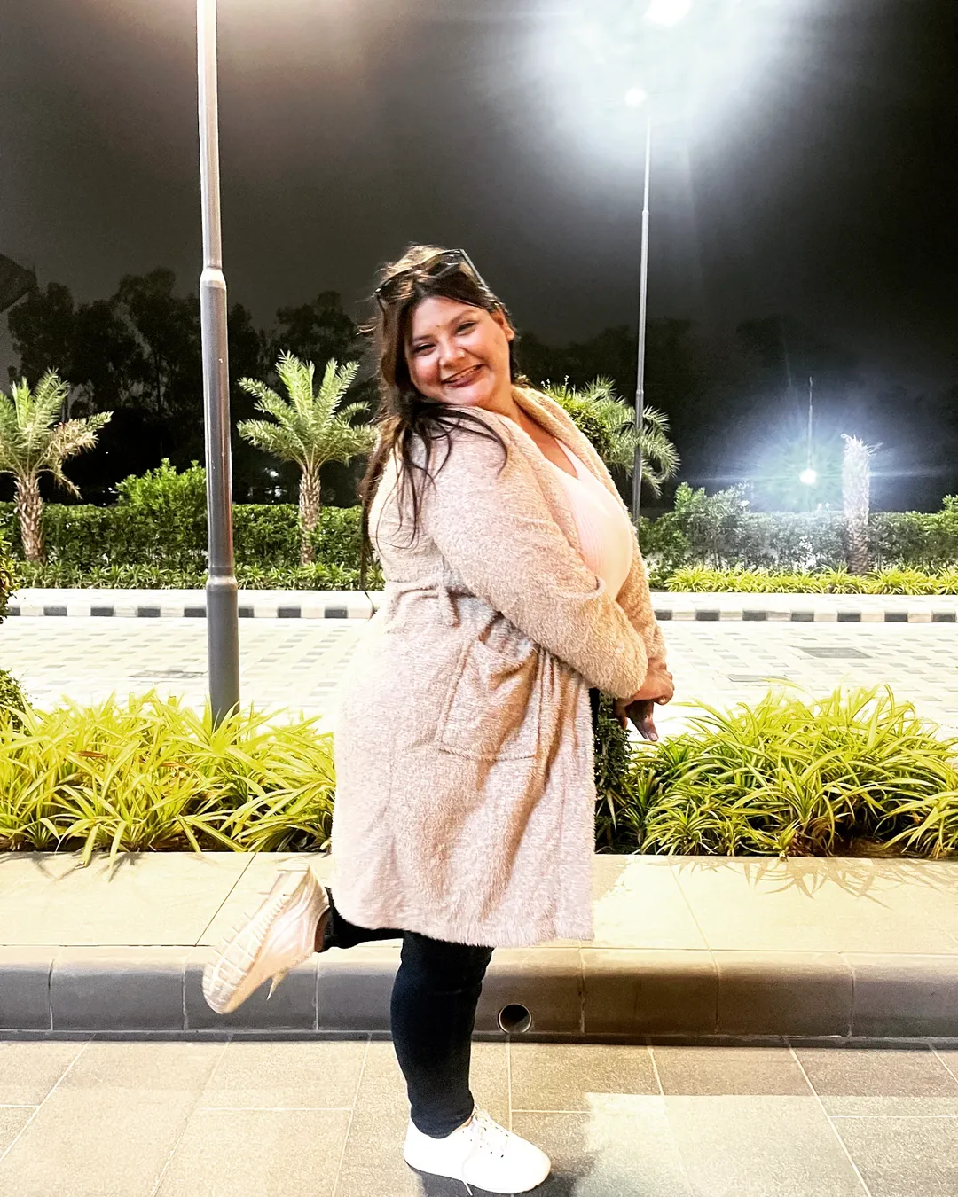 Beige Fuzzy Cardigan & Black Leggings