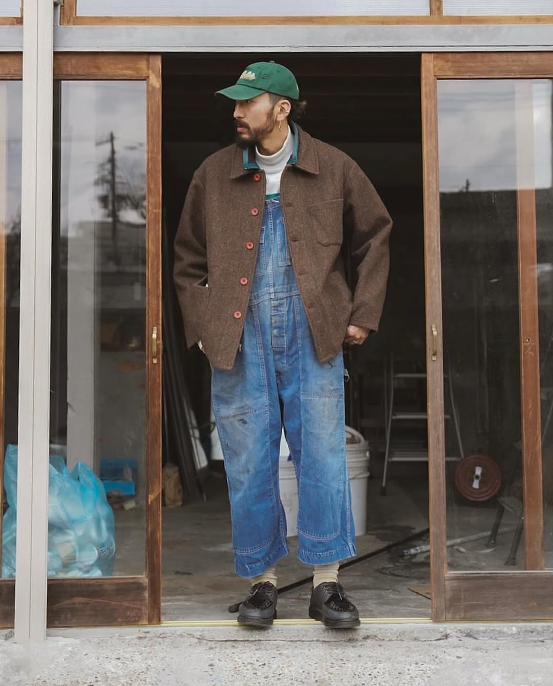 Brown Wool Jacket & Denim Overalls