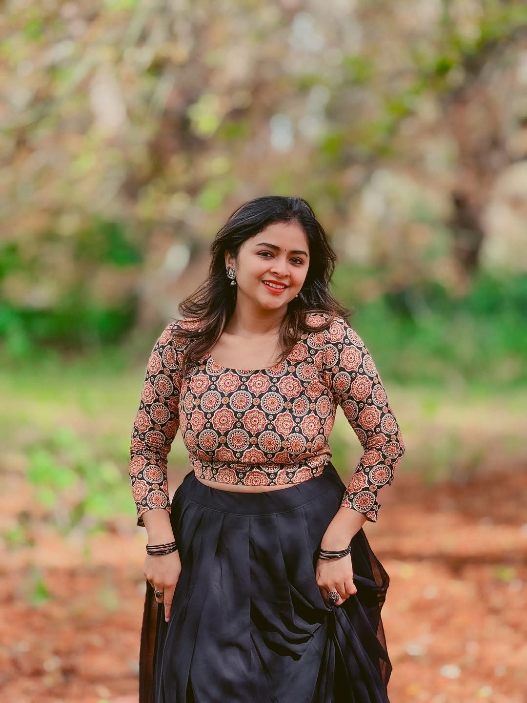 Coral Printed Crop Top & Black Skirt
