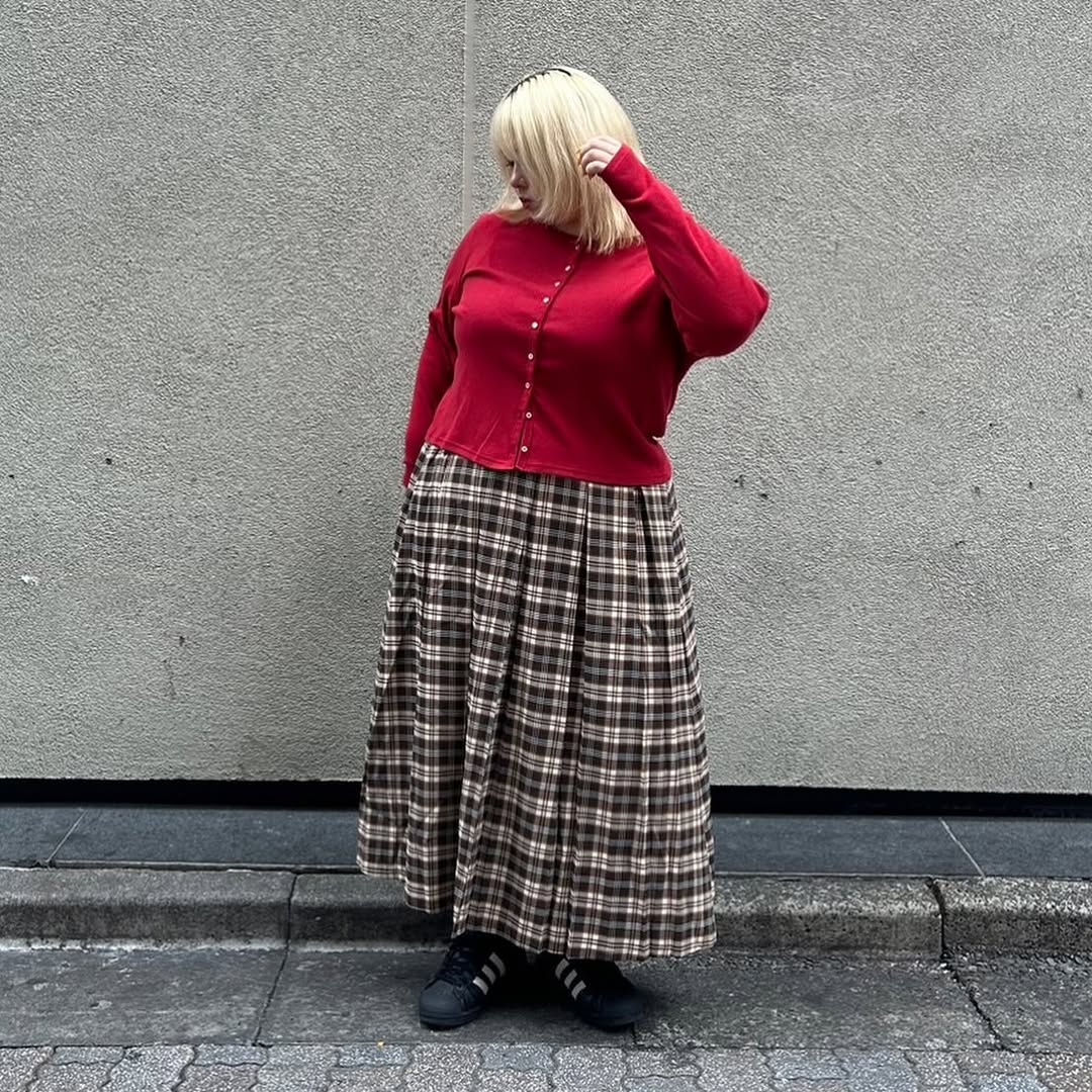 Red Cardigan & Plaid Maxi Skirt