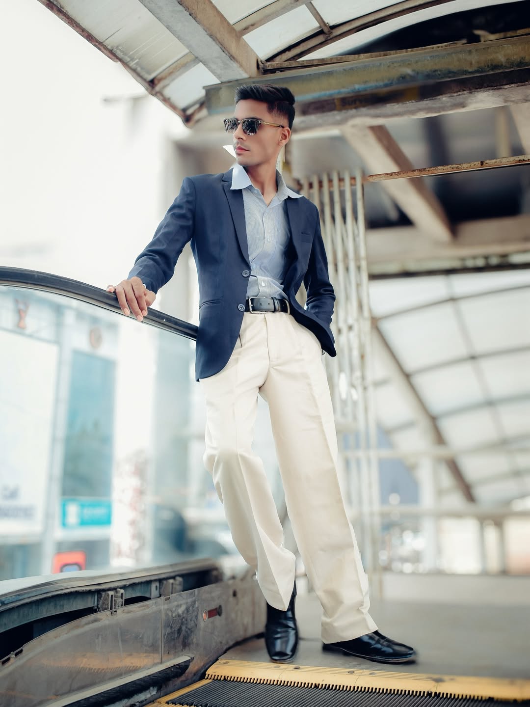 Navy Blazer & Cream Trousers