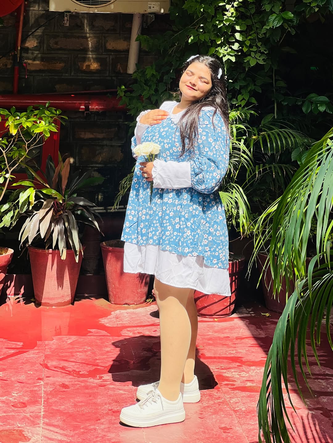 Blue Floral Dress with White Layers