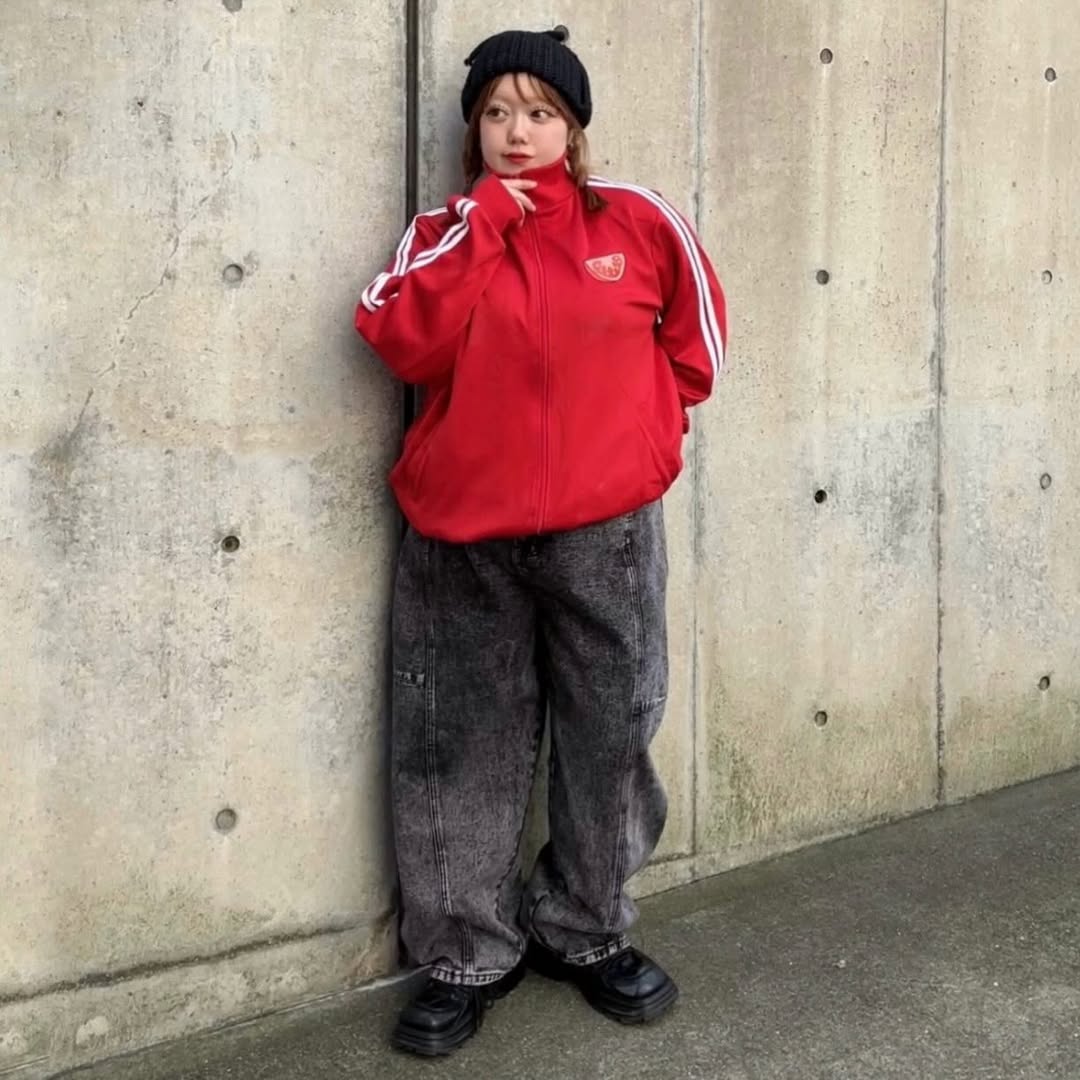 Red Track Jacket & Gray Jeans