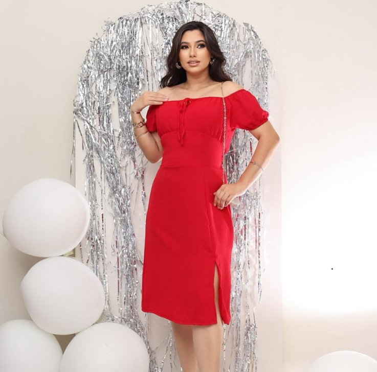 Red Off-Shoulder Dress with Slit