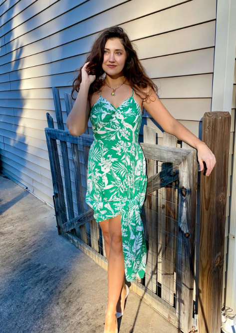 Green Palm Print Wrap Dress