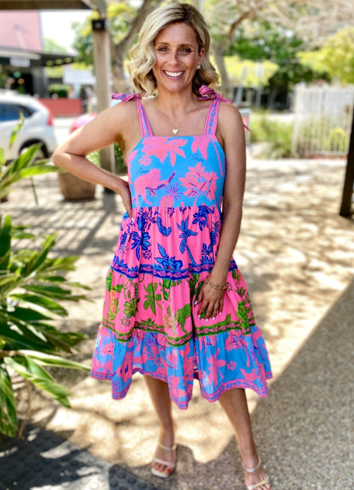 Bright Pink and Blue Tiered Dress