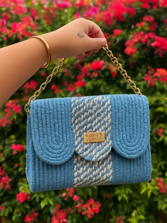 Blue Knit Bag with Chain Strap