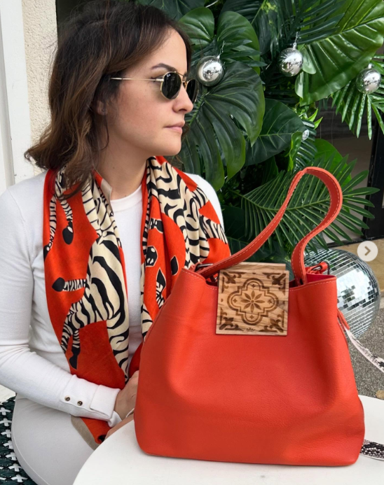 Orange Tote with Wooden Detail