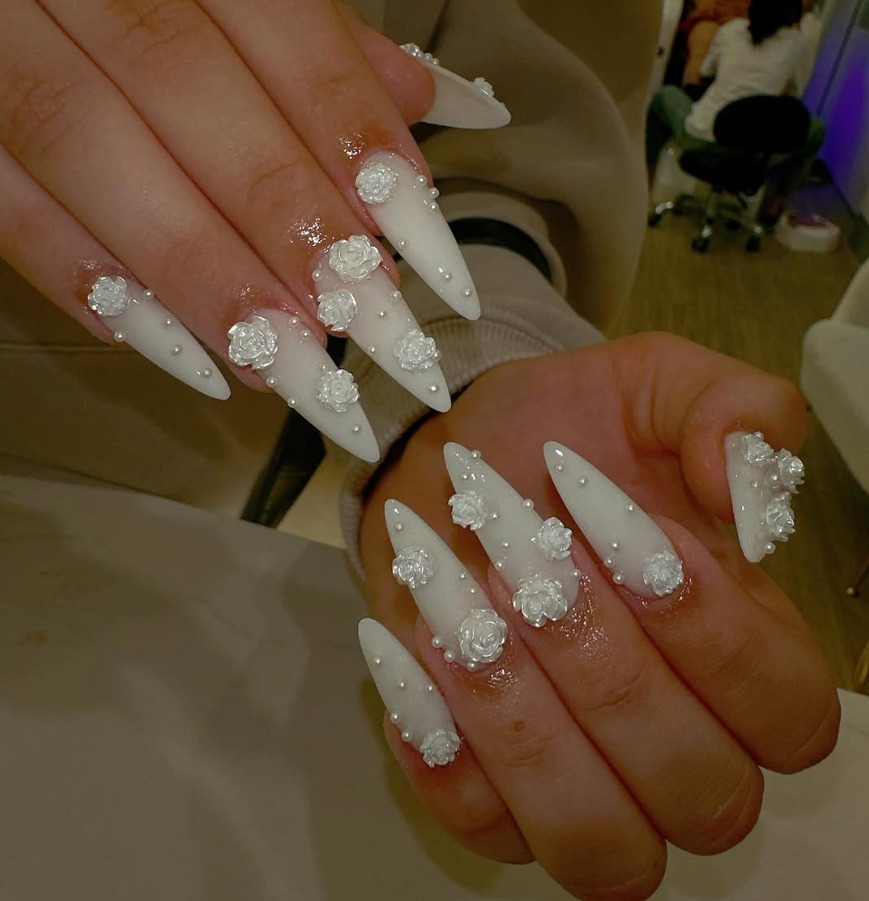 Elegant White Rose 3D Nail Art