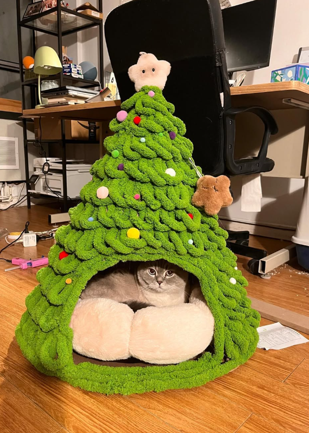 Festive Christmas Tree Cat Cave