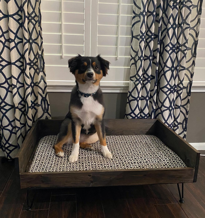 Rustic Dark Wood Bed with Geometric Cushion