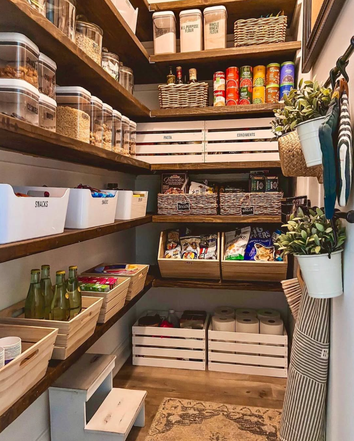 Rustic Corner Pantry with Natural Wood Shelving