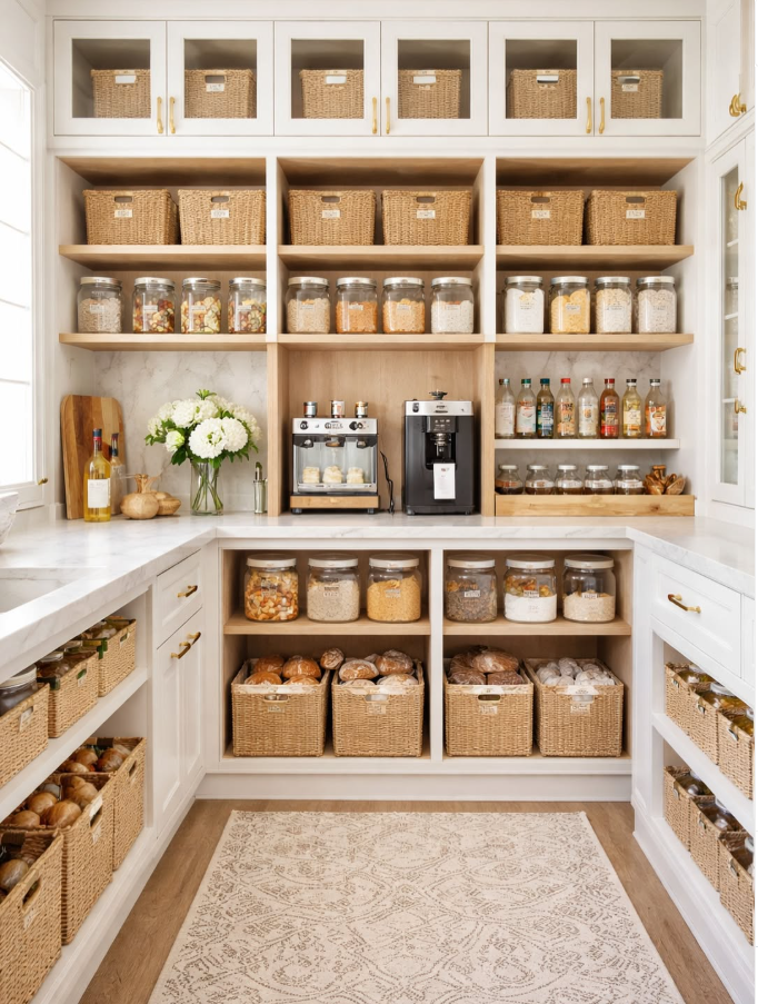 Elegant White Pantry with Coffee Bar Station
