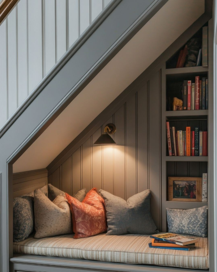 Cozy Gray Reading Nook with Built-In Lighting
