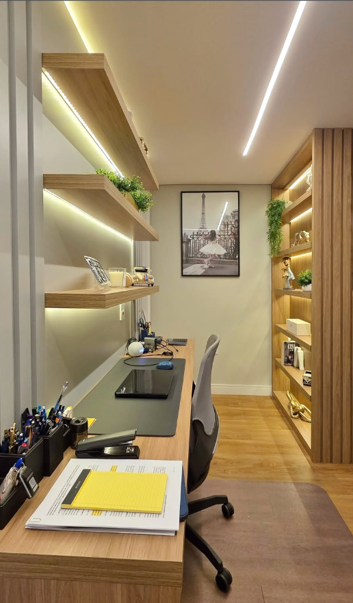 Sleek Gallery-Style Office with Illuminated Shelving