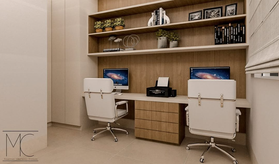 Modern Dual Workstation with Natural Wood Shelving