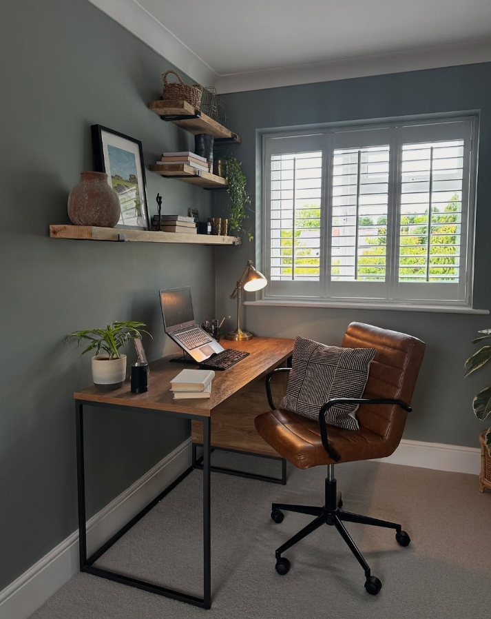 Serene Sage Green Office with Floating Shelves