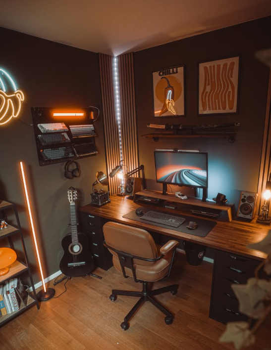 Moody Creative Workspace with Neon Accents