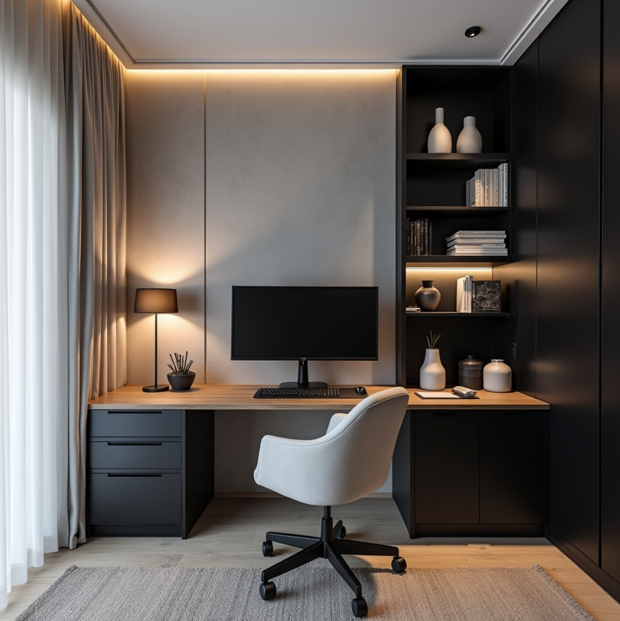 Luxurious Dark Contemporary Office with Ambient Lighting