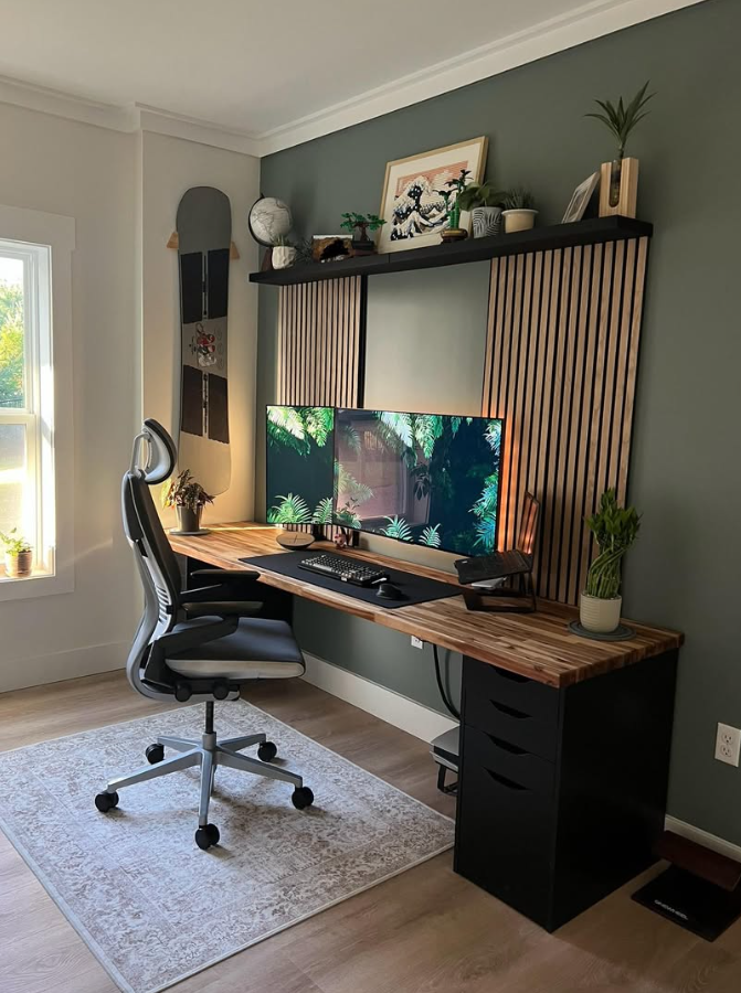 Dramatic Office Setup with Wood Slat Feature Wall