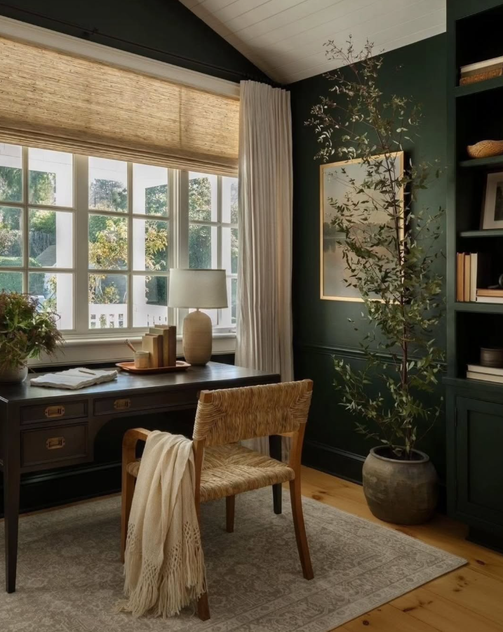 Sophisticated Dark Green Study with Built-In Cabinetry