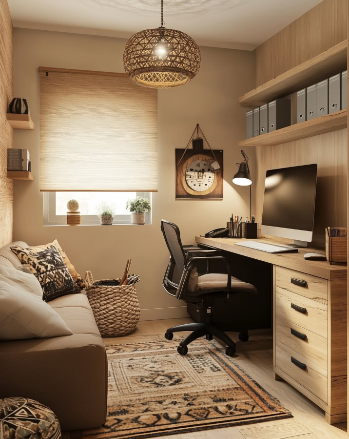 Warm Bohemian Office with Natural Wood Elements