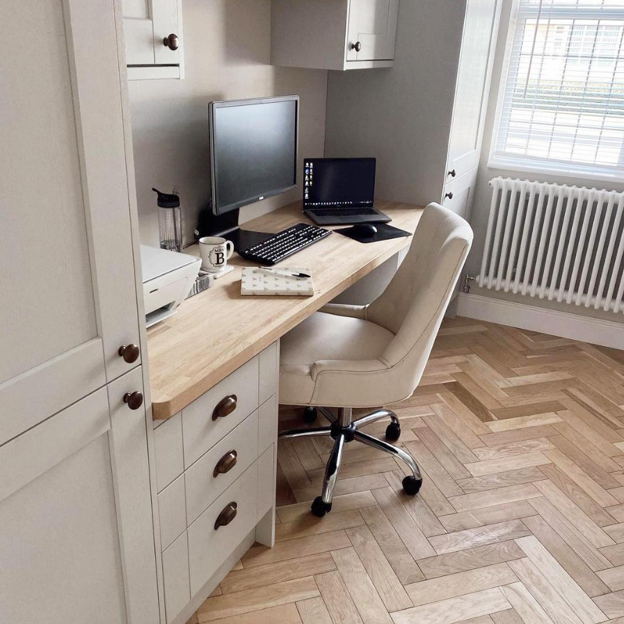 Classic White Built-In Office with Herringbone Flooring