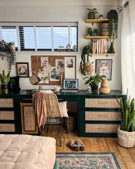 Bohemian Bedroom with Green Cane Desk