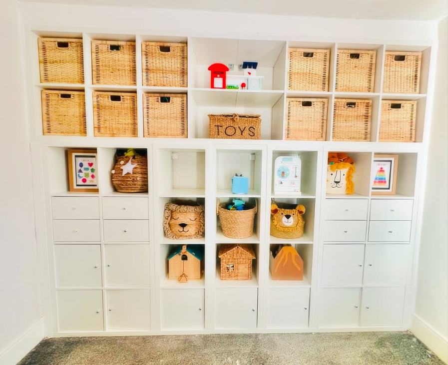 Organized Playroom Wall with Basket Storage