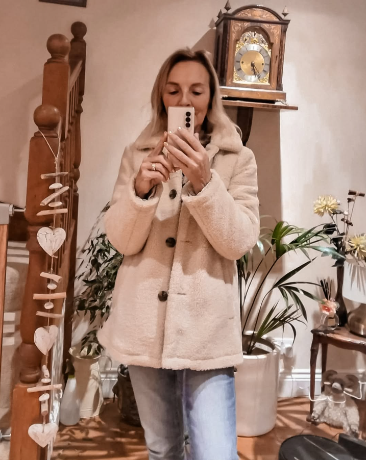 Cozy Winter Layers in Cream Teddy Coat