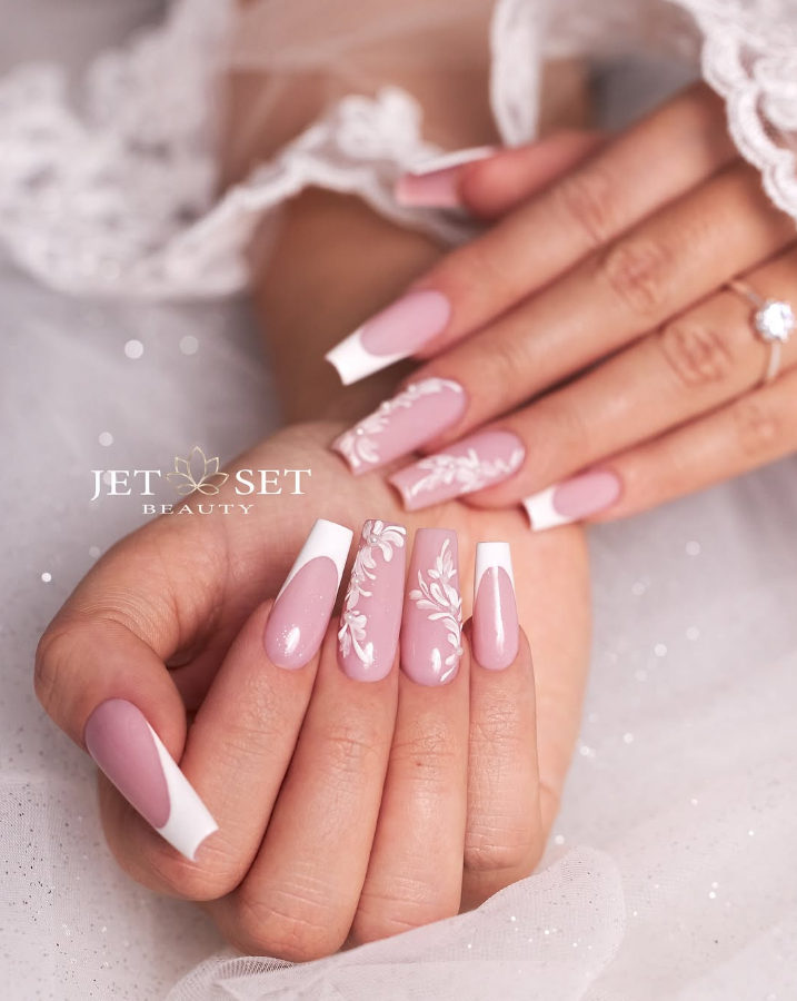 Classic Pink and White French Tips with Floral Details