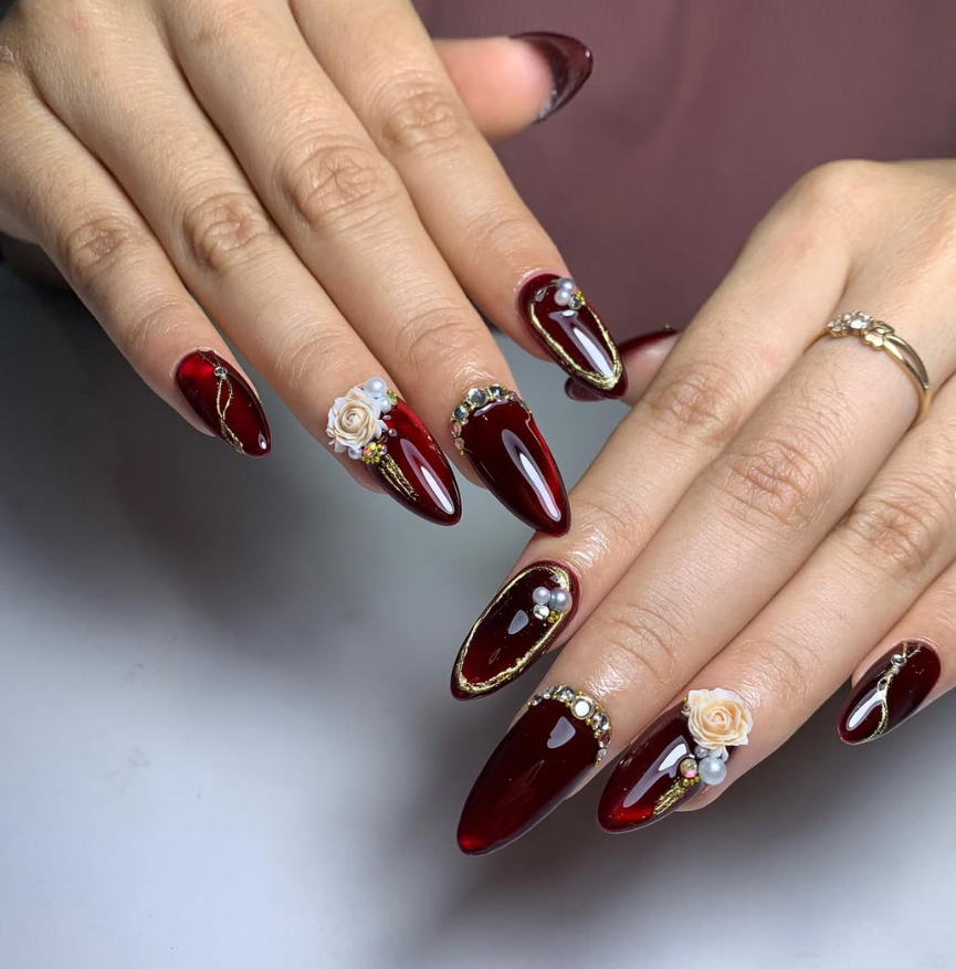 Bold Burgundy with Gold and Floral Accents