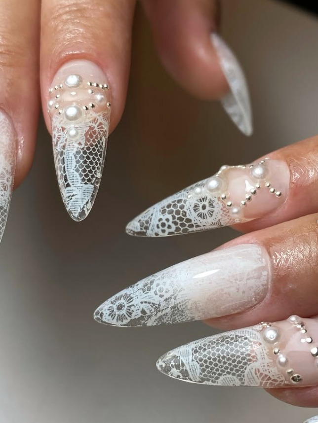 Vintage Lace and Pearl Stiletto Nails