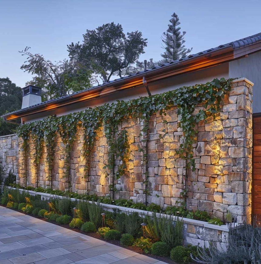 Illuminated Stone Wall with Greenery