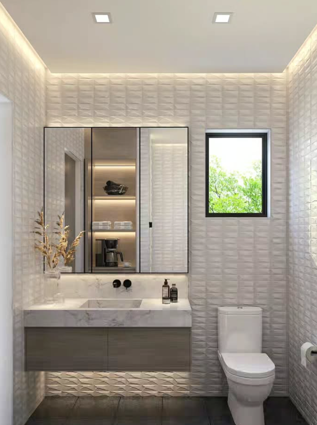 Textured White Tile with Floating Vanity