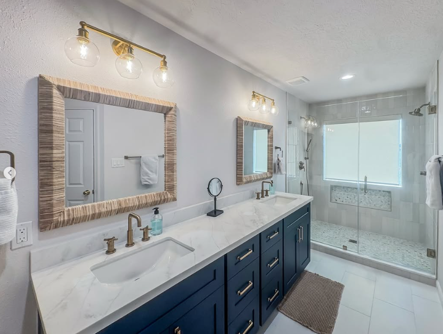 Coastal Blue Vanity with Textured Mirrors