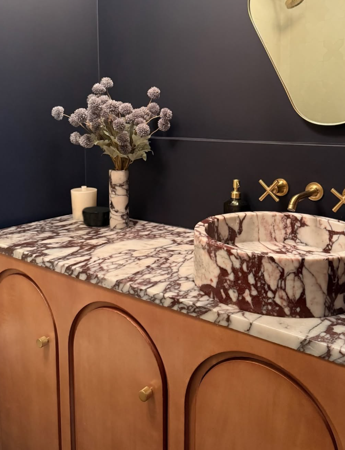 Bold Burgundy Marble Statement Bathroom
