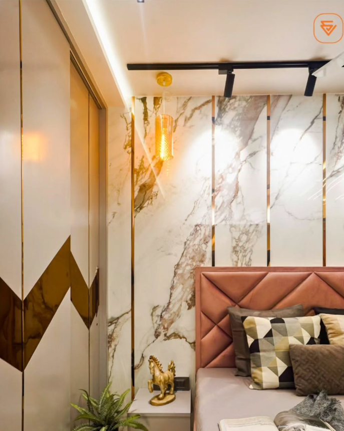 Luxury Sliding Wardrobe with Marble Accent Wall