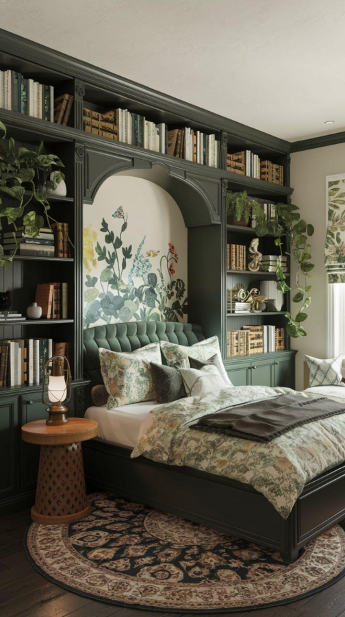 Library-Style Bookshelf Headboard Wall