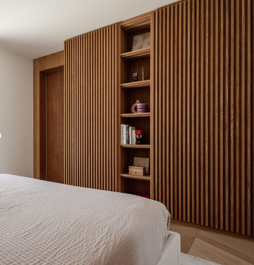 Slatted Wood Wall with Hidden Shelf Niche