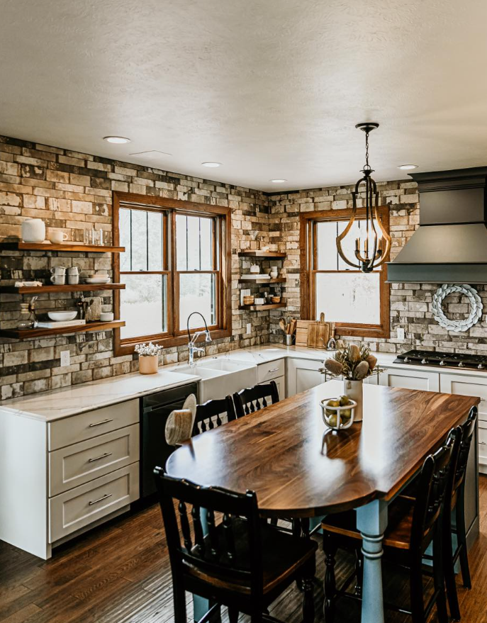 Stone Brick Wall with Floating Wood Shelves