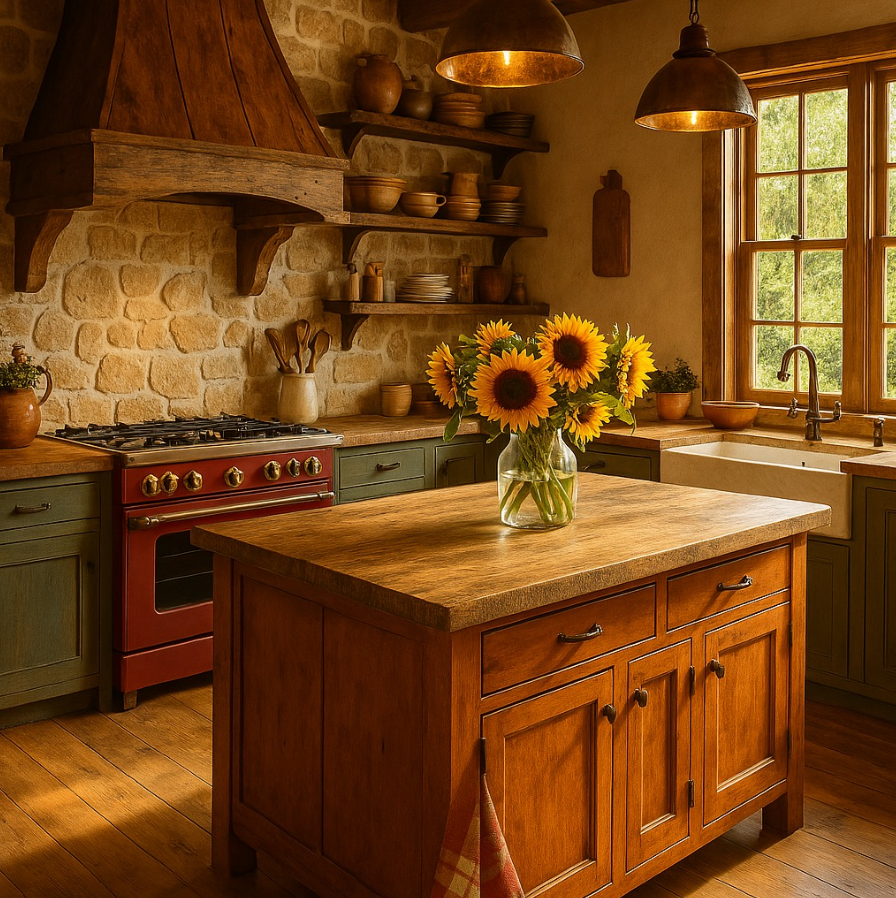 Red Range with Green Cabinets and Stone Surround