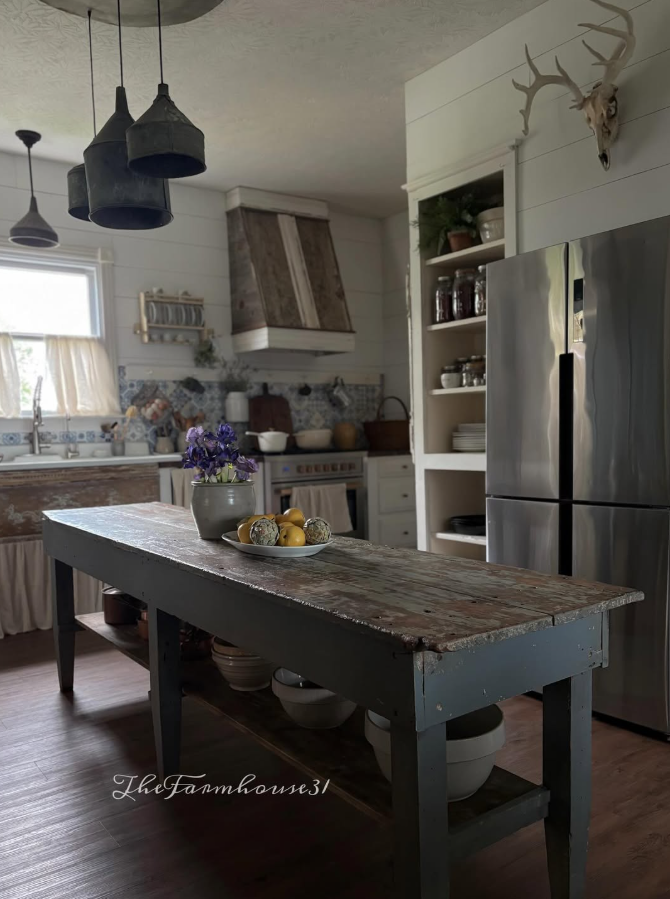 Weathered Wood Island with Shiplap Walls