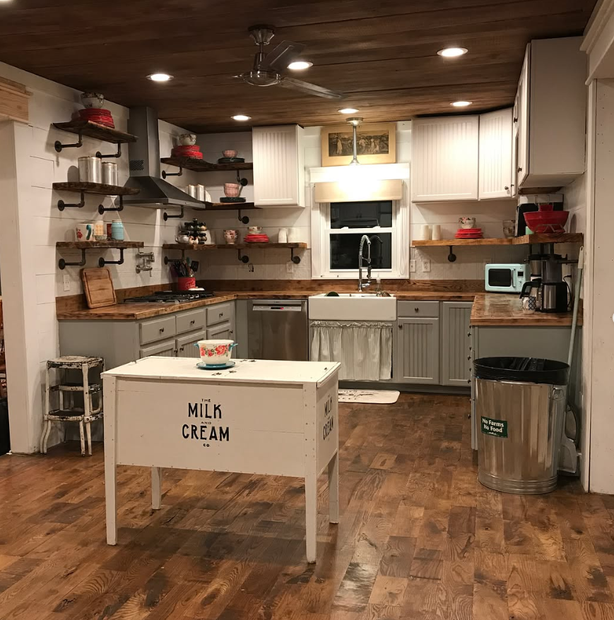 Cream Farmhouse Kitchen with Pipe Shelves