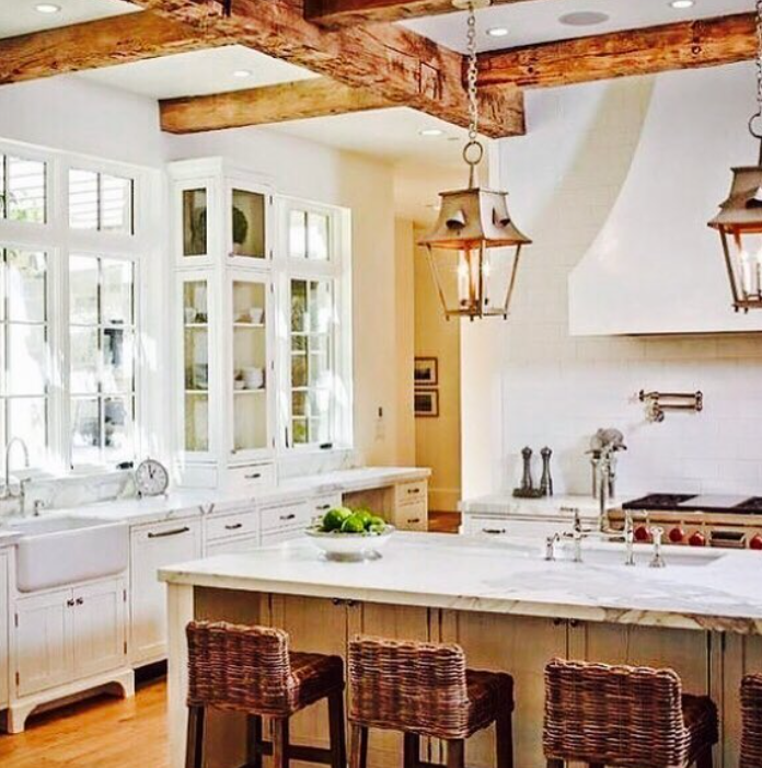 White Farmhouse Kitchen with Lantern Pendants